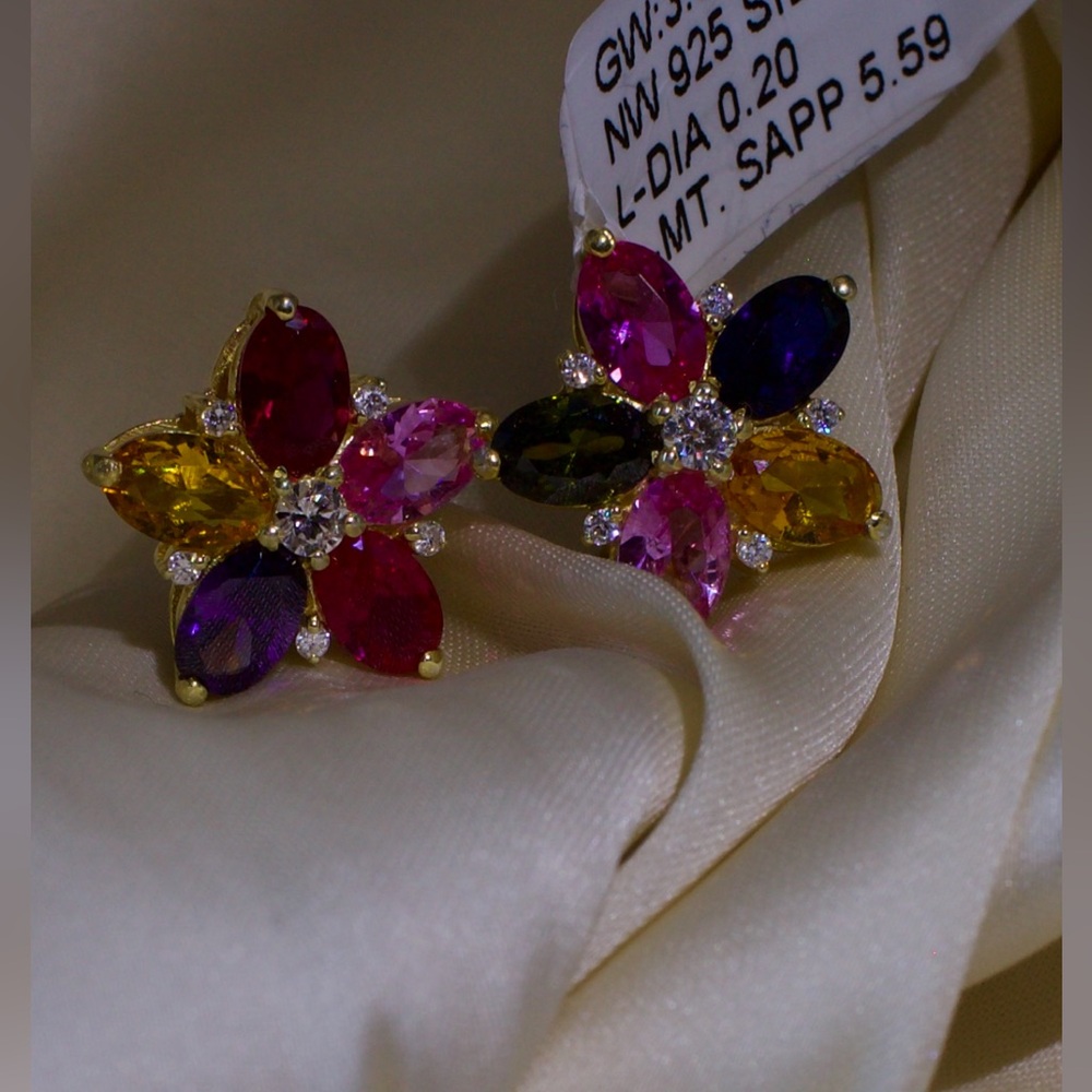 Gold 925 Silver Petal Floral Earrings 5.59 CT Lab Sapphire + 0.20 CT Lab Diamond